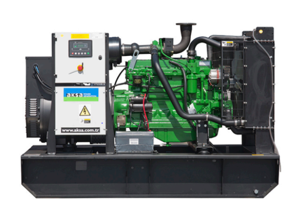Interior view of AKSA APD360C diesel generator with open control cabinet and visible components